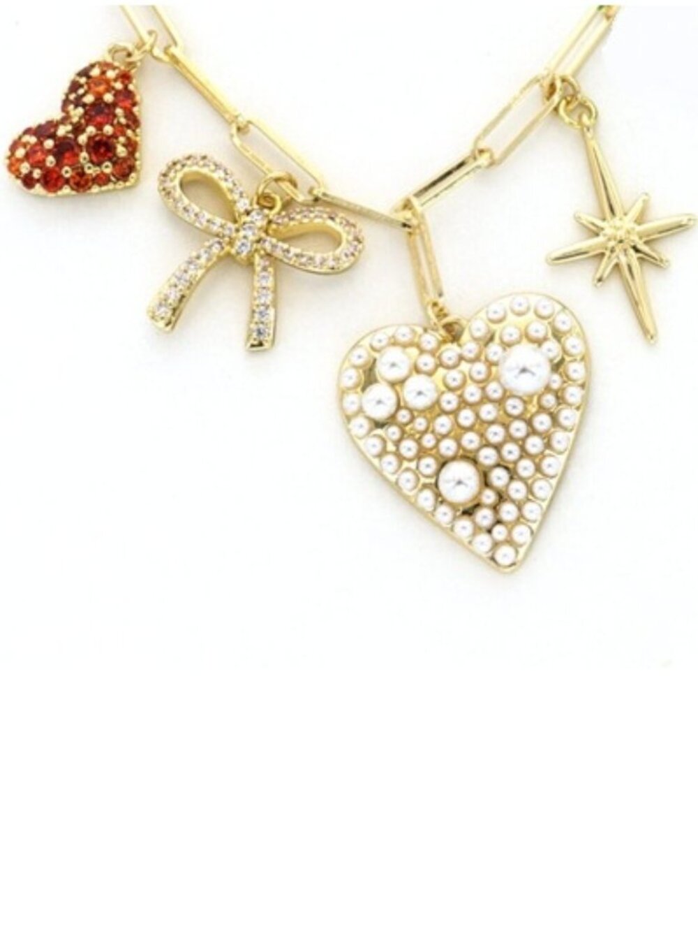 PANACEA Romantic Gold Bow, Pearl & Red Crystal Hearts, Starburst Charms Necklace